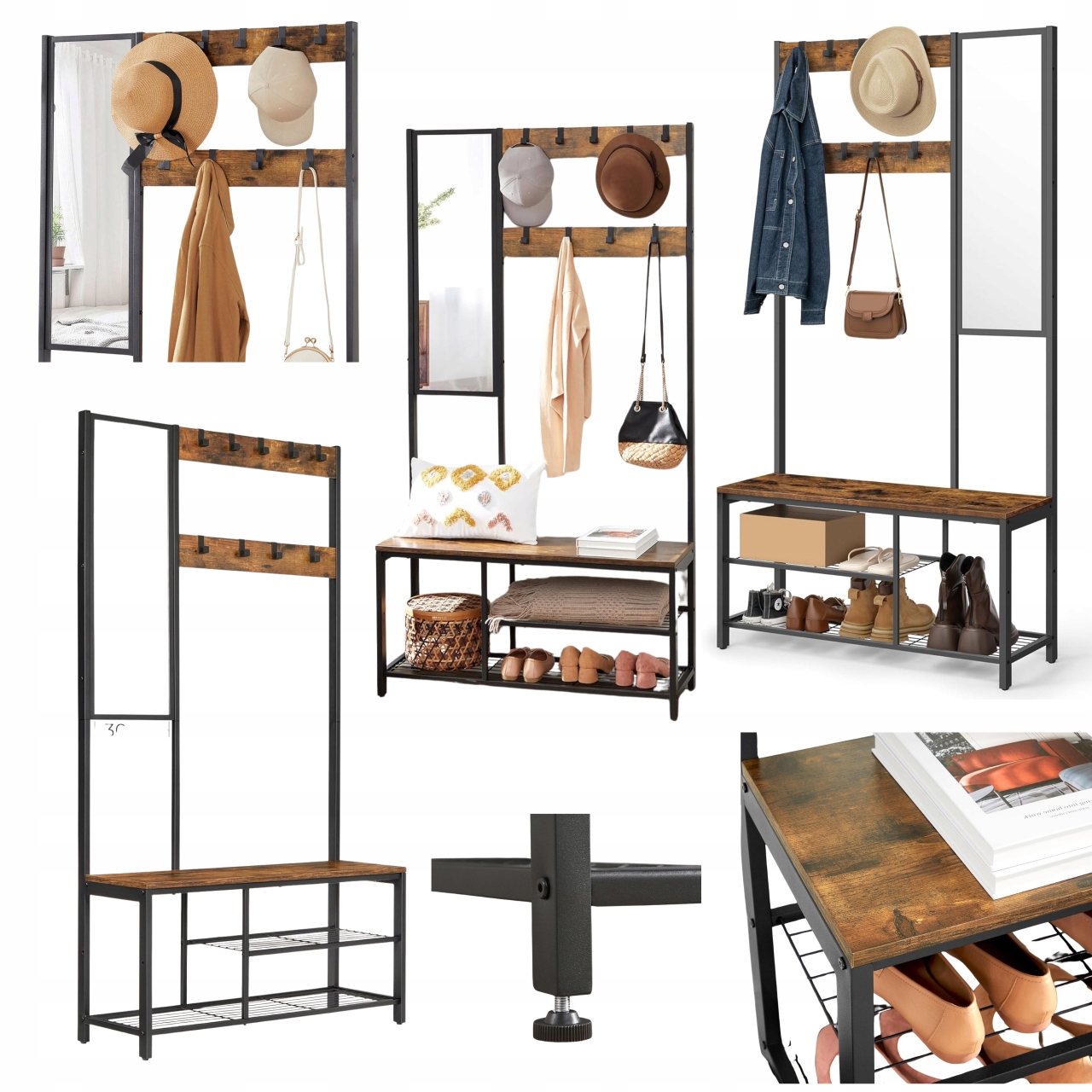 Stojací vešiak s zrkadlom a sedadlom Šatník na oblečenie a kabáty Stojan