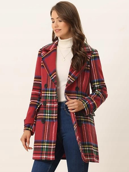 Allegra K Dámský kabát s dlouhým rukávem, dvouřadý, červený, zelený