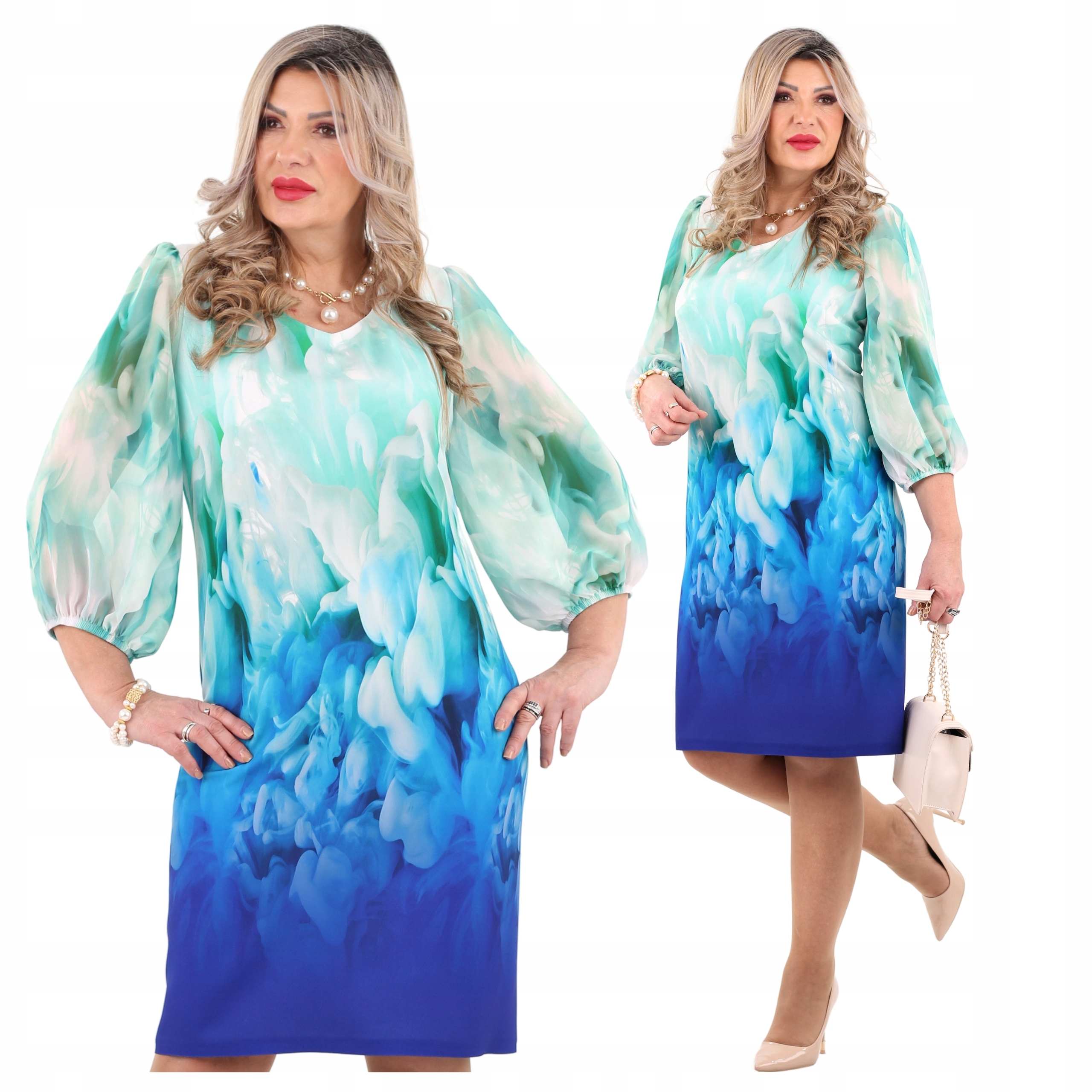 Sukienka z bufiastymi rękawami na wesele Polski Producent duże rozmiary