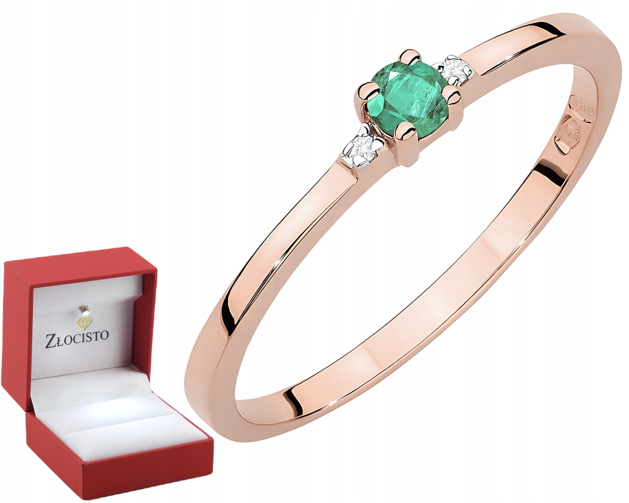 Rozové zlato Prsten se zeleným smaragdem a brilianty S Gravírováním