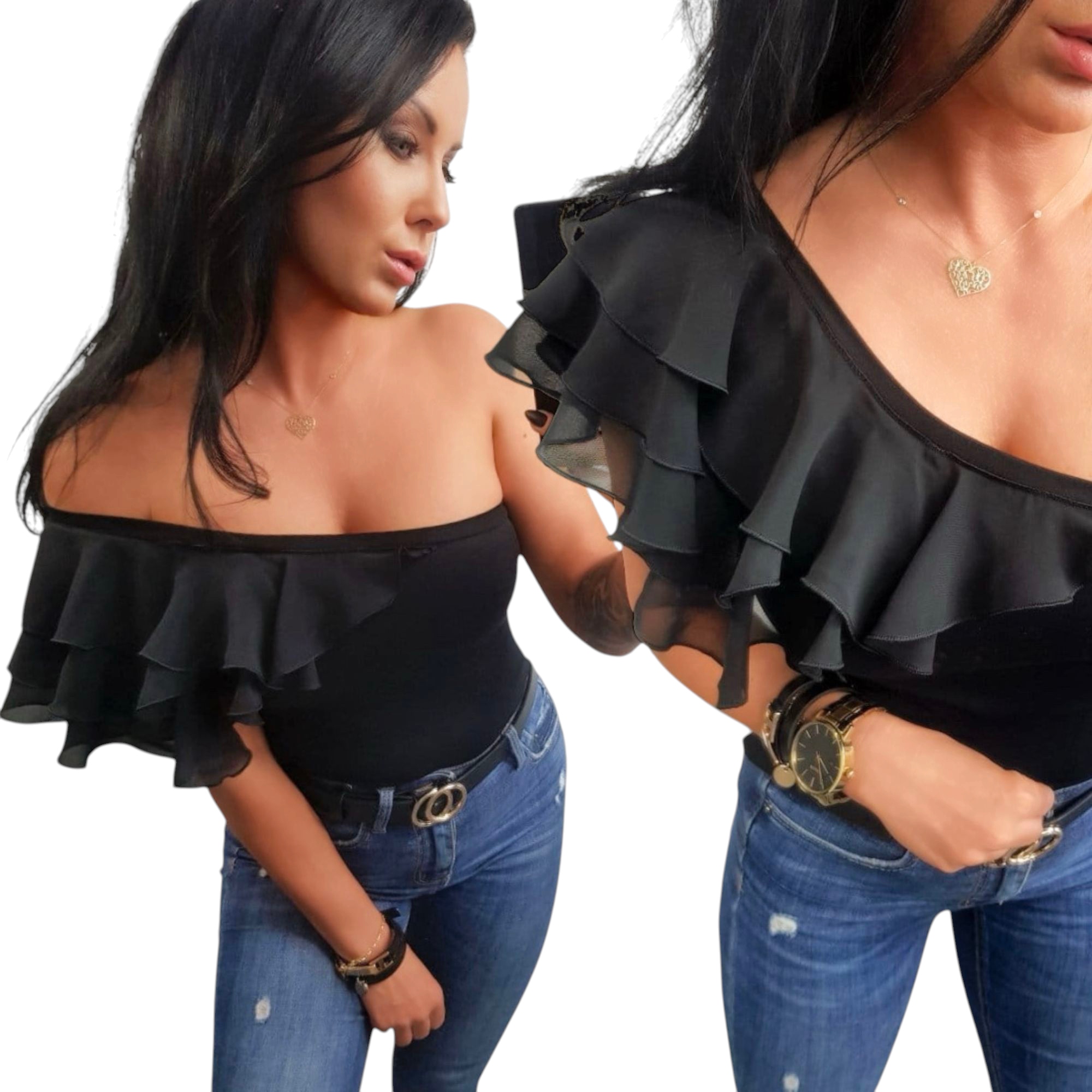 bluzka damska czarna wizytowa falbanki hiszpanka jedno ramię 42