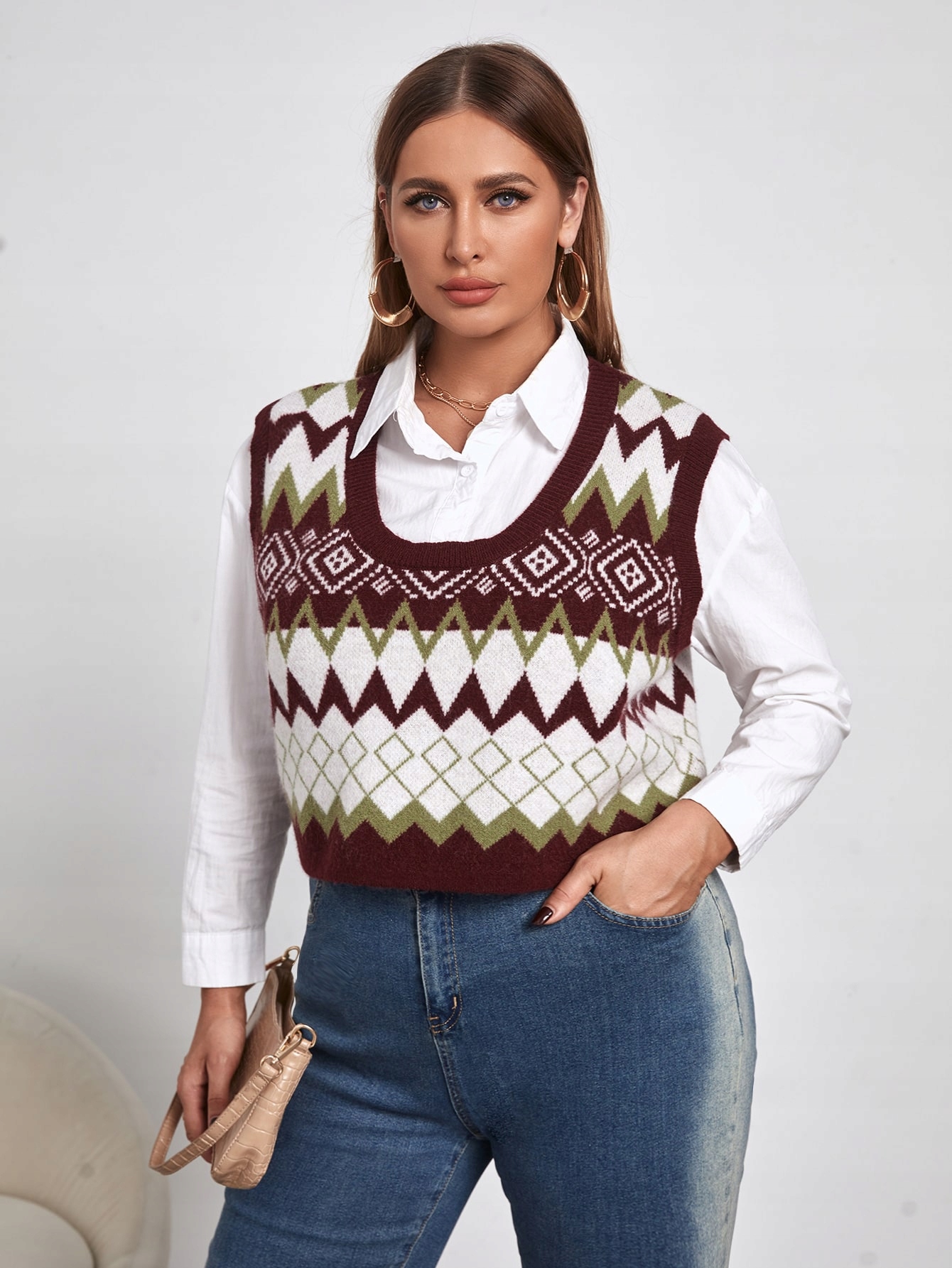 Shein Bordowa dzianinowa kamizelka w jodełke XXL Płeć kobieta