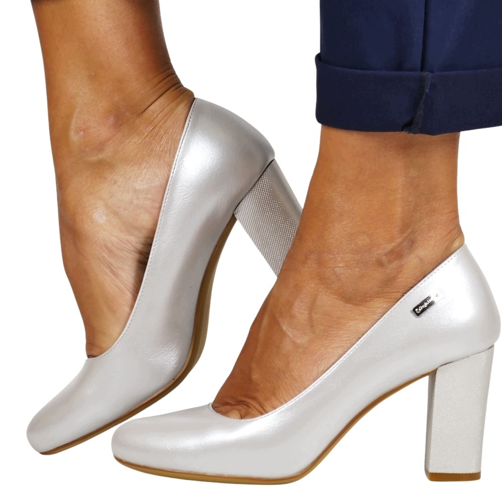 Stříbrné Elegantní Lodičky Pro Každodenní Nošení Na Perleťovém Podpatku New J6