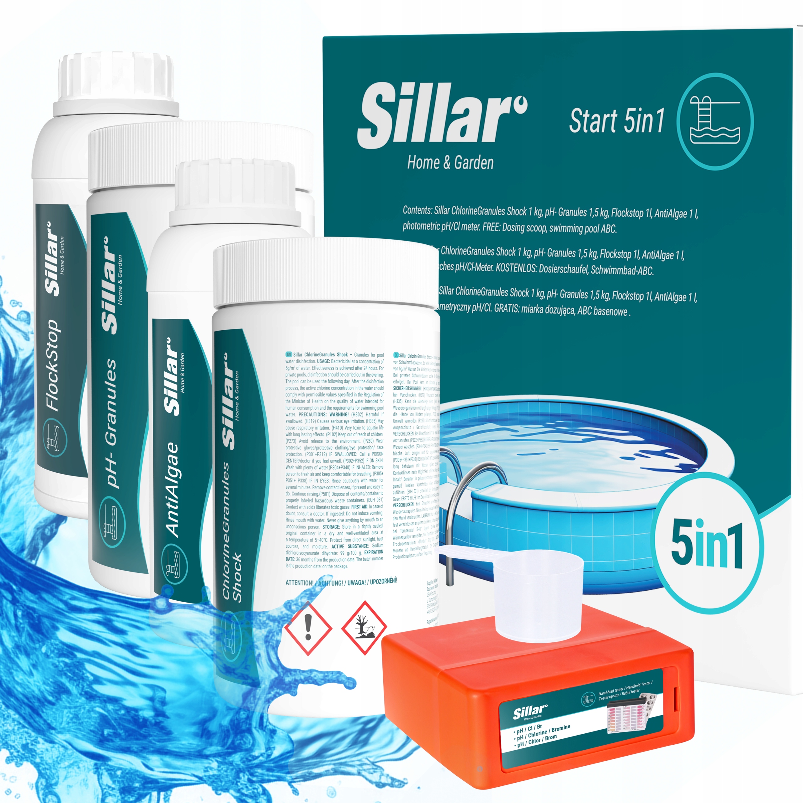 Zestaw startowy 5w1 chemia do basenu chlor do basenu antyglon pH- Sillar