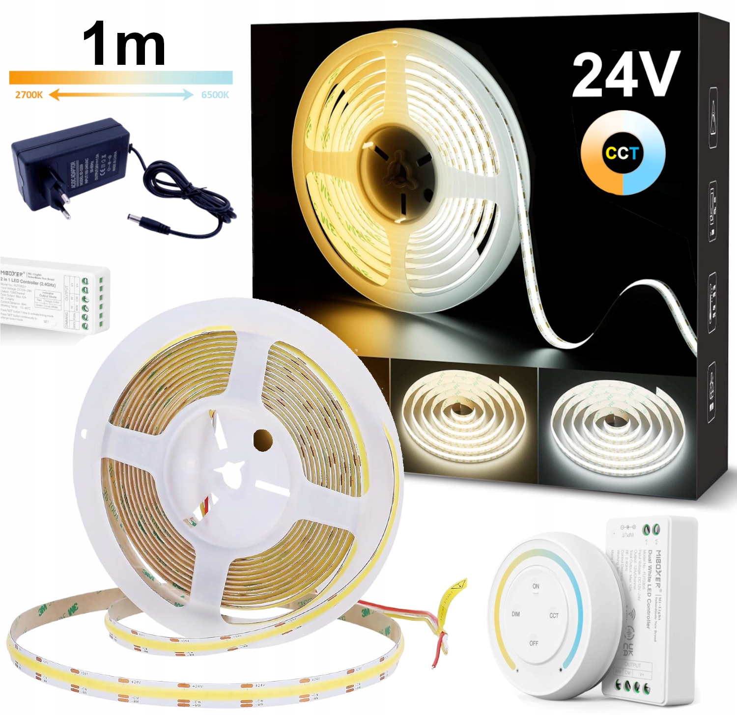 Led pásek 1 m Cob Cct 24V S Proměnlivou Barvou 2700K-6500K Ovladač Napájecí Zdroj