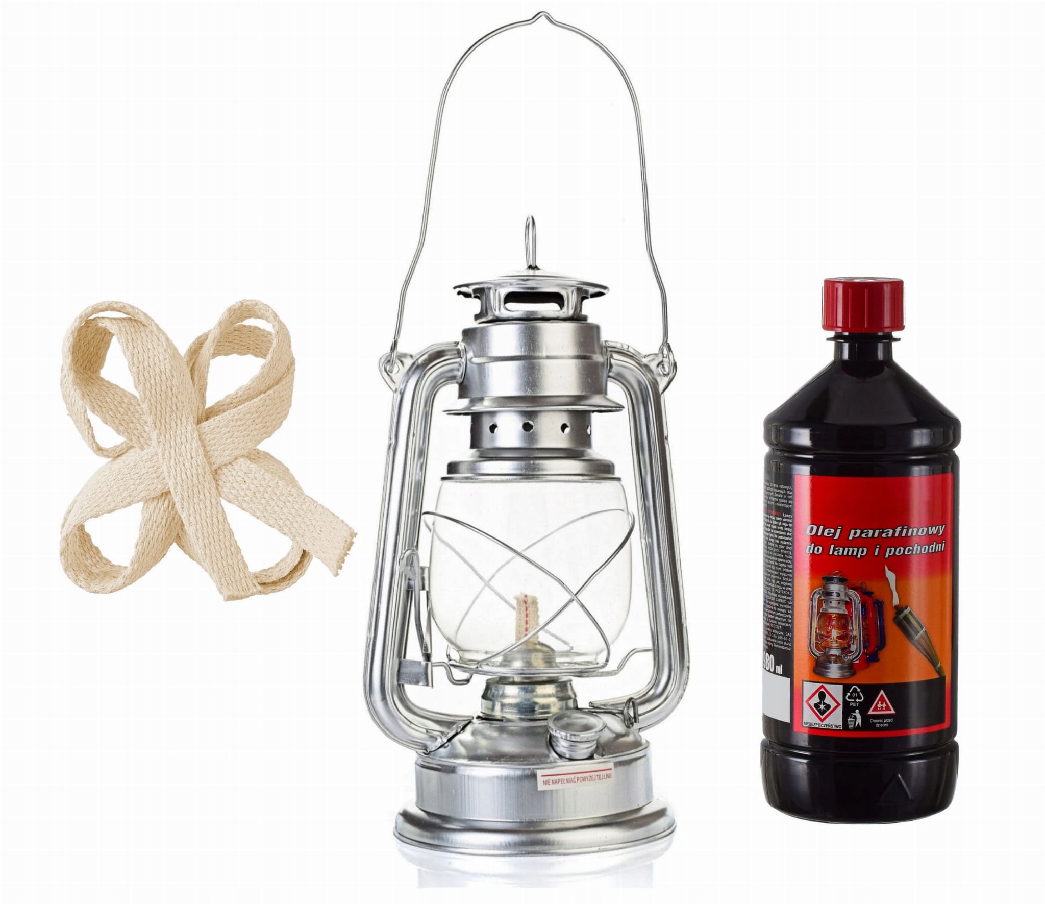 ZESTAW LAMPA NAFTOWA LATARNIA 27CM, OLEJ 980ml+ KNOT SR