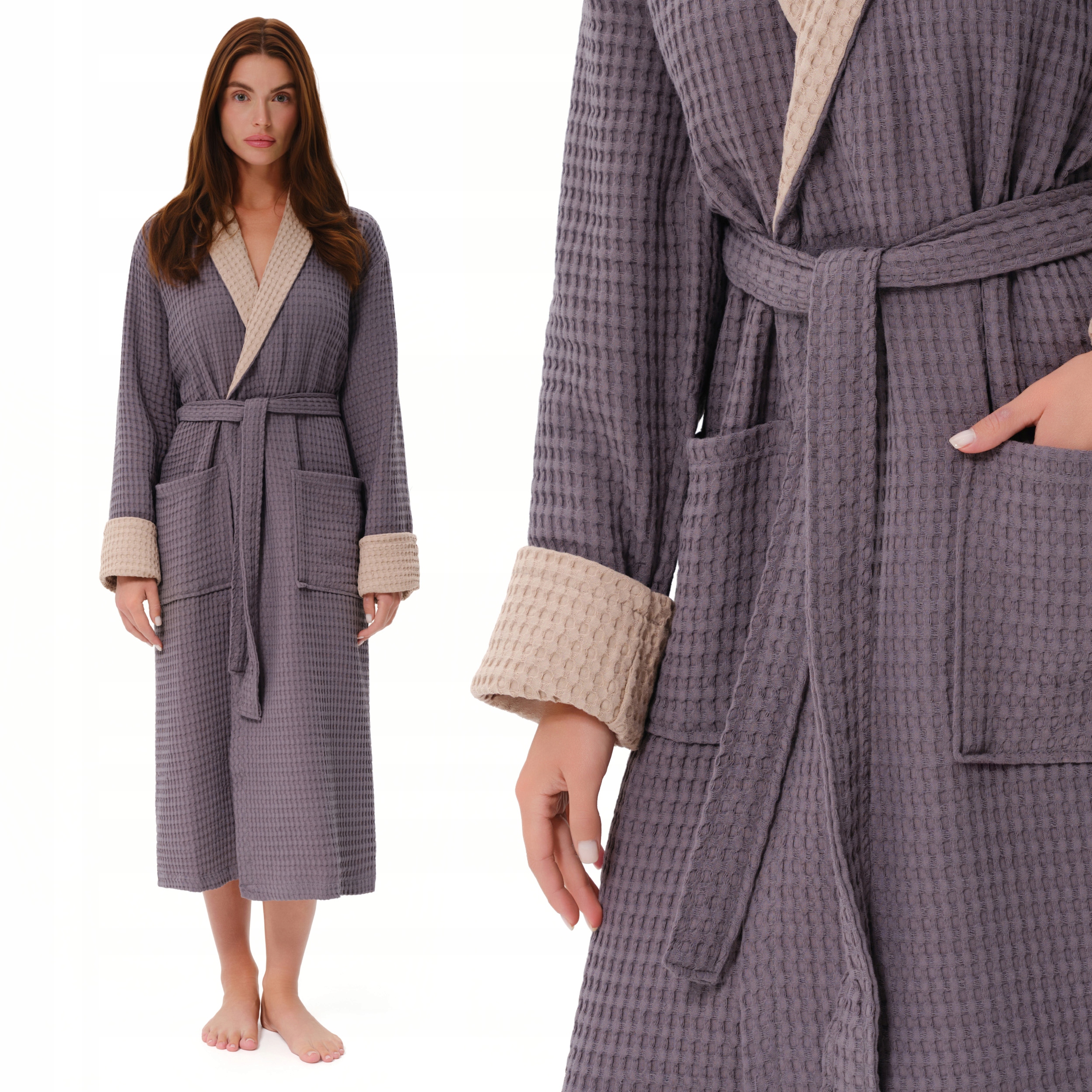 Szlafrok damski bawełniany wzór waflowy z kołnierzem Esli szary M