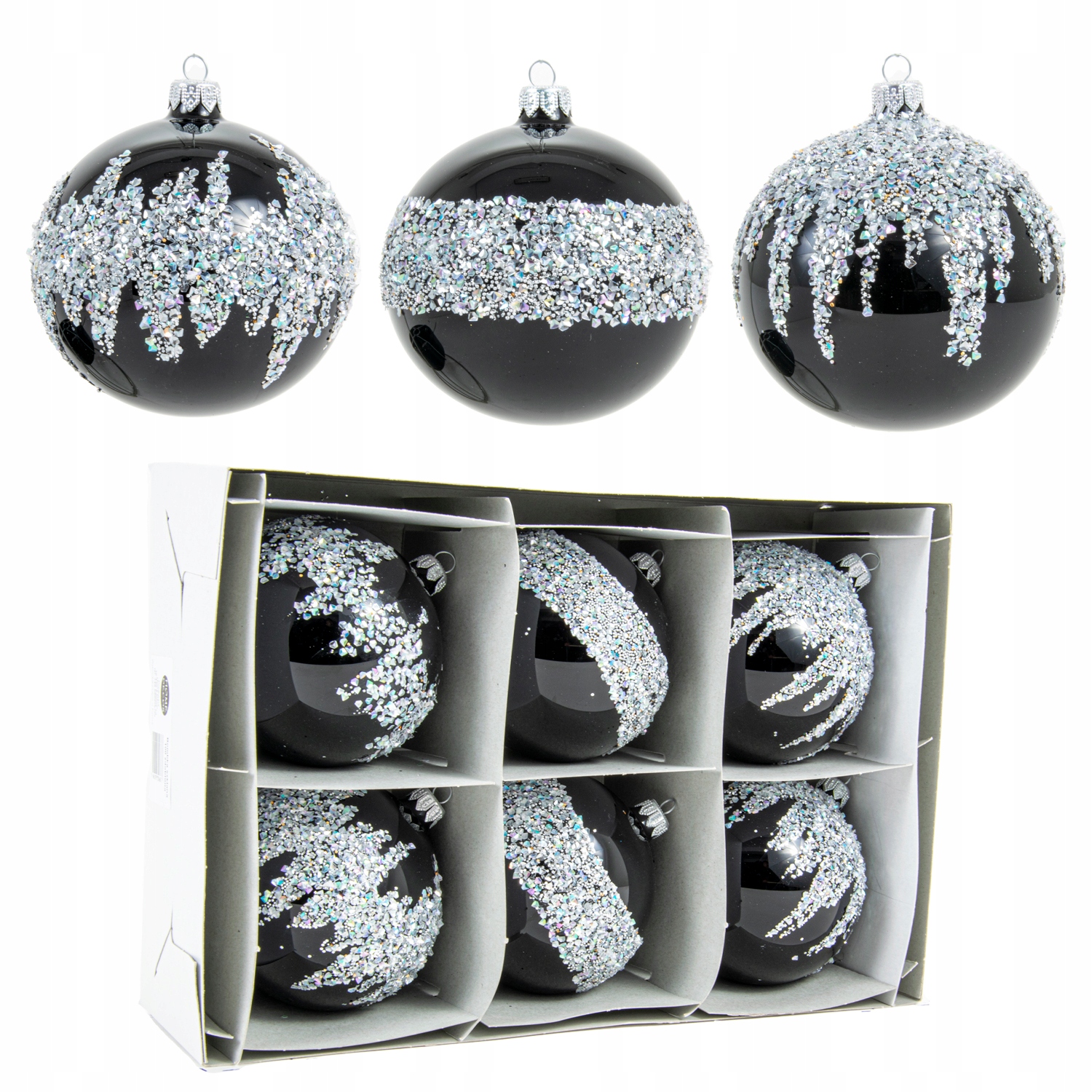 Černé ručně zdobené vánoční baňky MIX vzorů, 6 ks