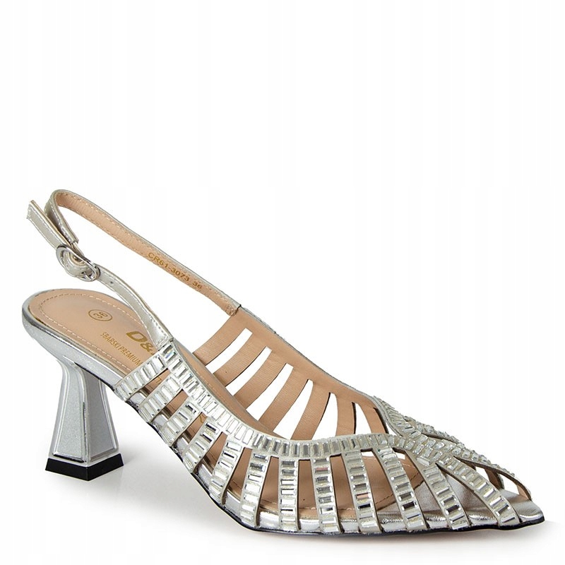 S.barski LZ61-3073 Stříbrné Kožené Sandály S Ozdobou Na Podpatku 40