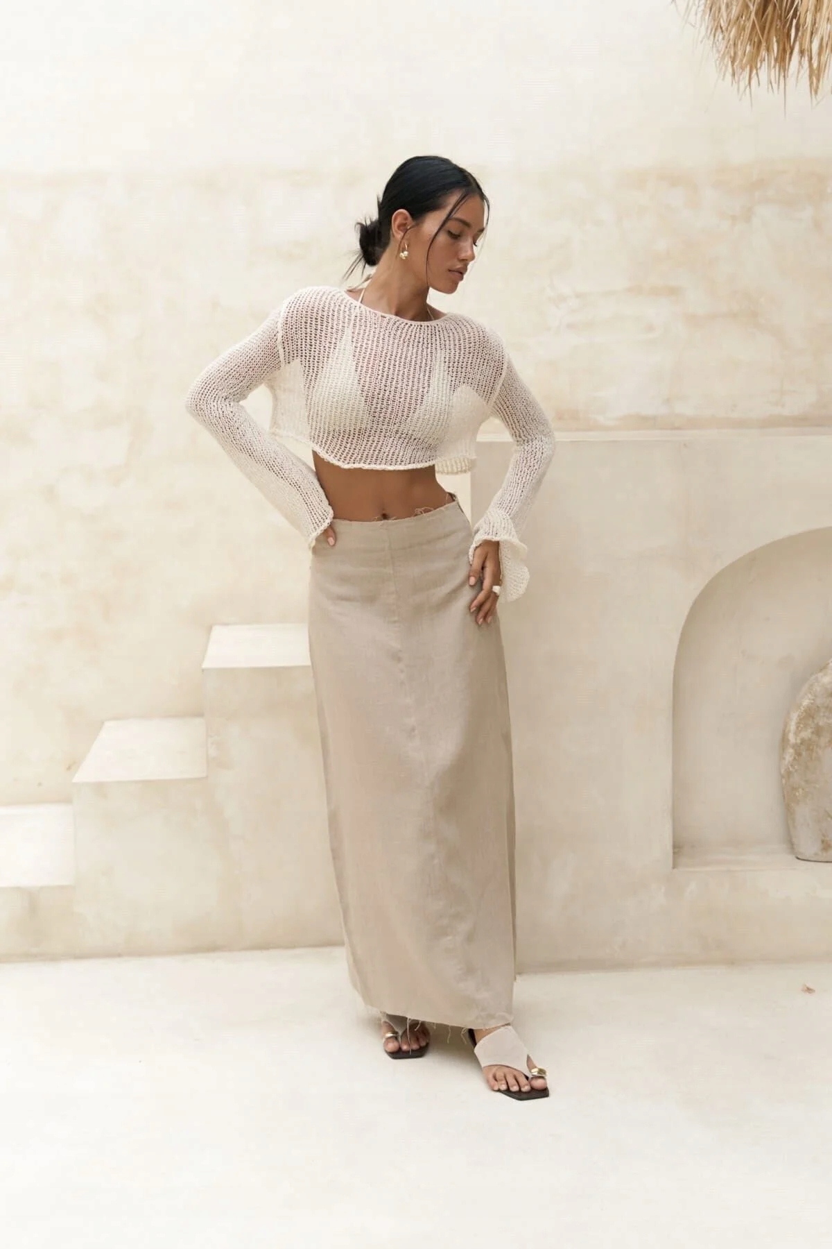 Dlouhá Béžová Jednoduchá Sukně Len Přírodní Módní Elegantní Stylová M 5GA