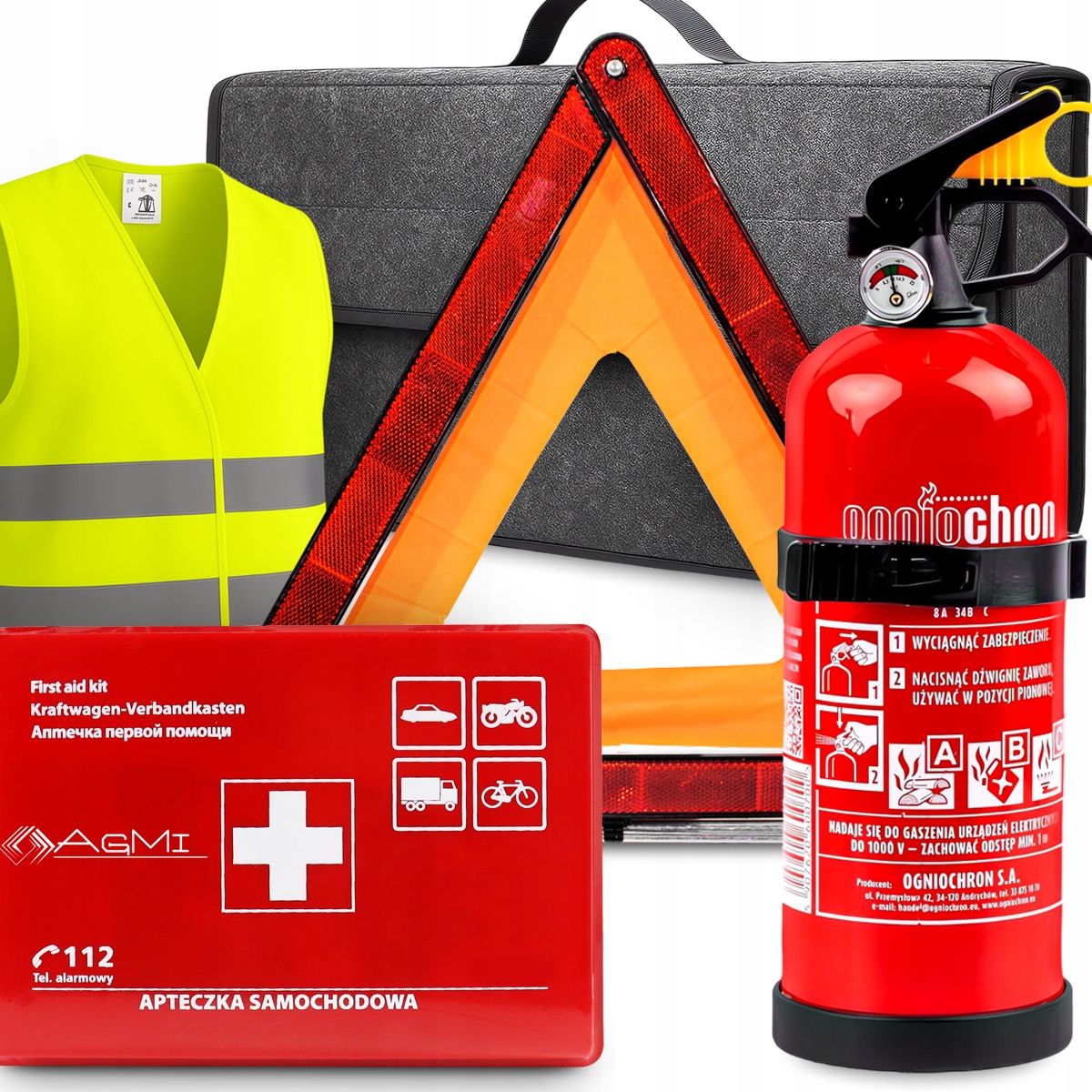 Set Hasicí Přístroj 1 Kg Manometr Lékárnička AS6 Vesta Trojúhelník Taška Organizér