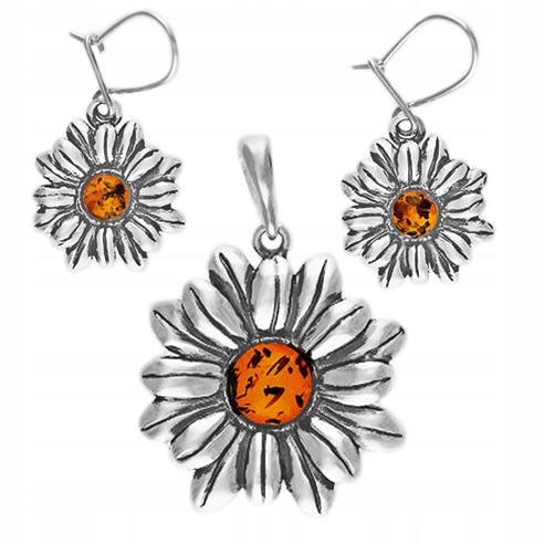 Komplet Květy stříbrné kvítky s přírodním Jantarem balkánský stříbro 925