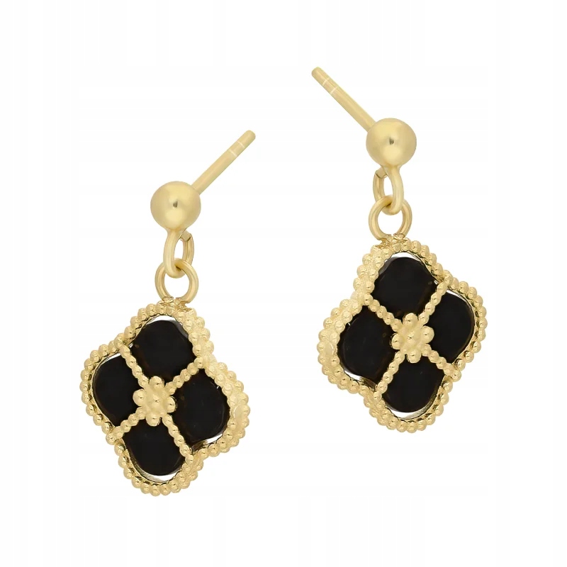 náušnice zlaté dámské 585 moden závěsné čtyřlístky s onyxem jako dárek