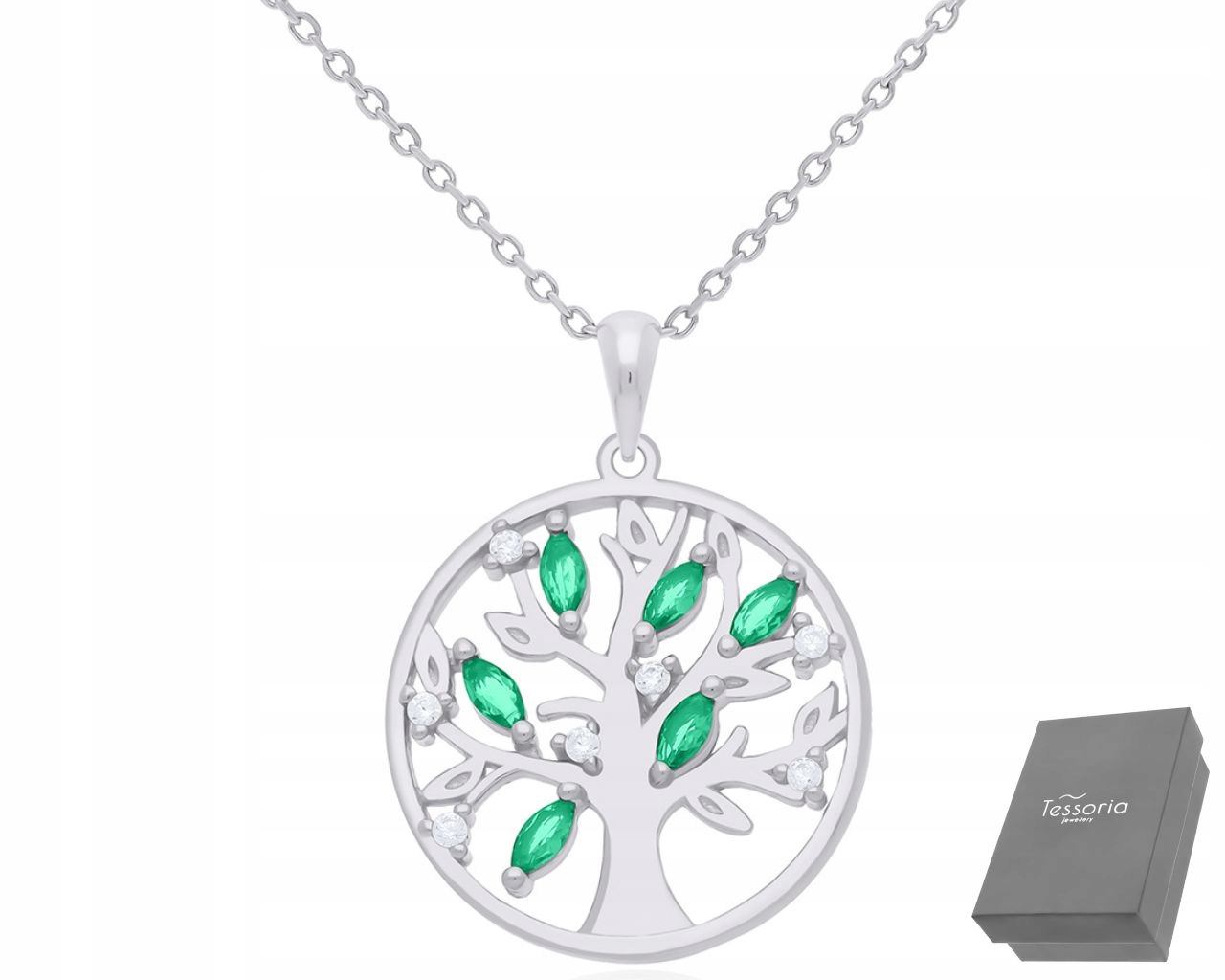 Stříbrný Náhrdelník Strom Štěstí Zelené Zirkony Dámský délka 55 cm 925