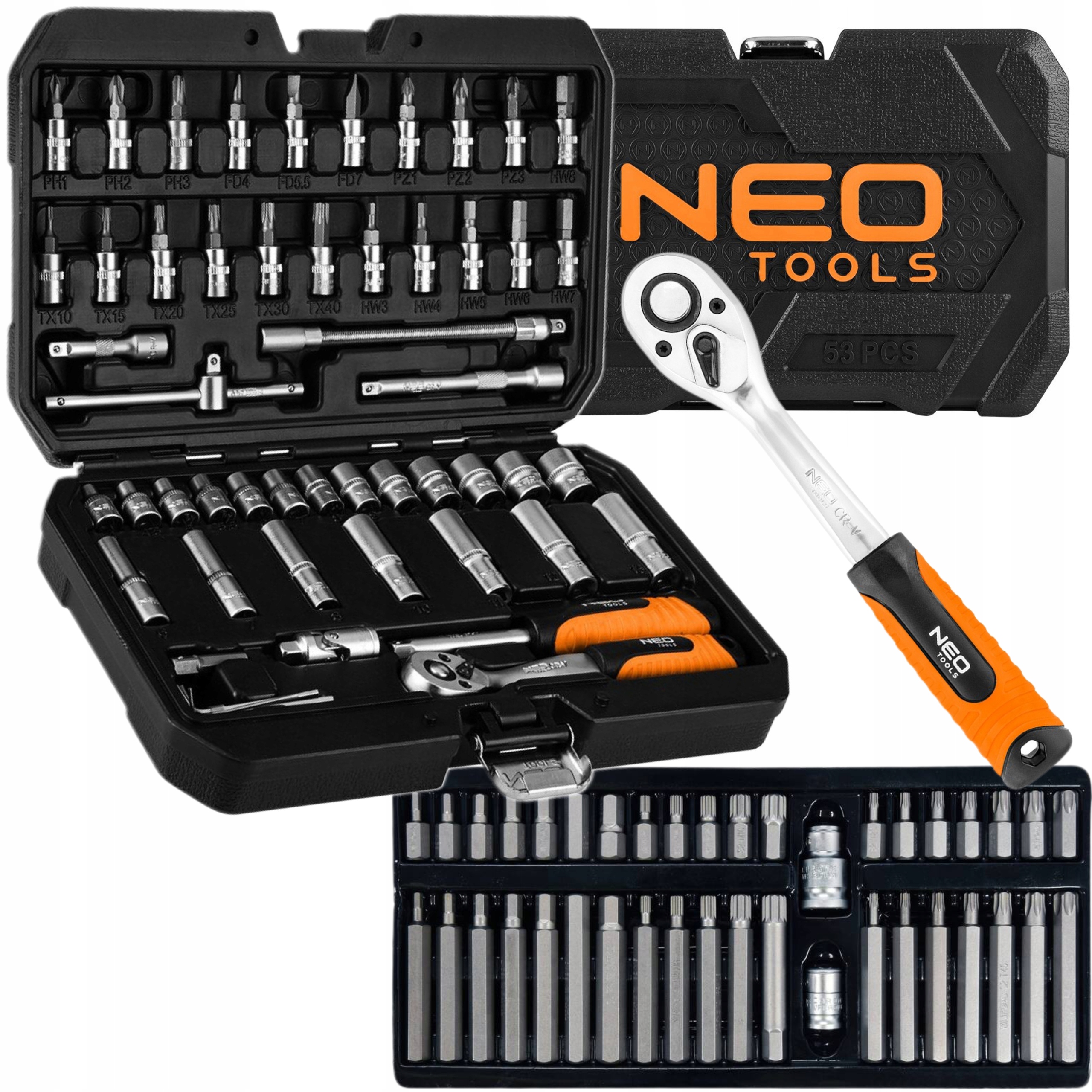 NEO ZESTAW KLUCZY NASADOWYCH 55E 1/2" 1/4" NASADKI BITY SATYNA + TORX 40SZT