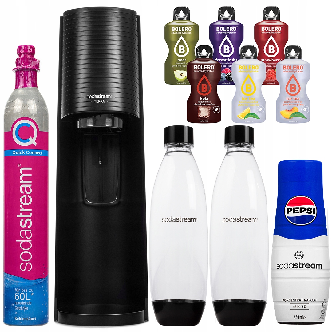Saturátor Sodastream Terra Black 2 Fľaše Sifón Sirup Pepsi Doplnky