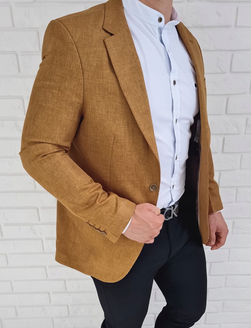 Marynarka meska karmelowa casual stylovy 3791 - 48 Wzór dominujący bez wzoru