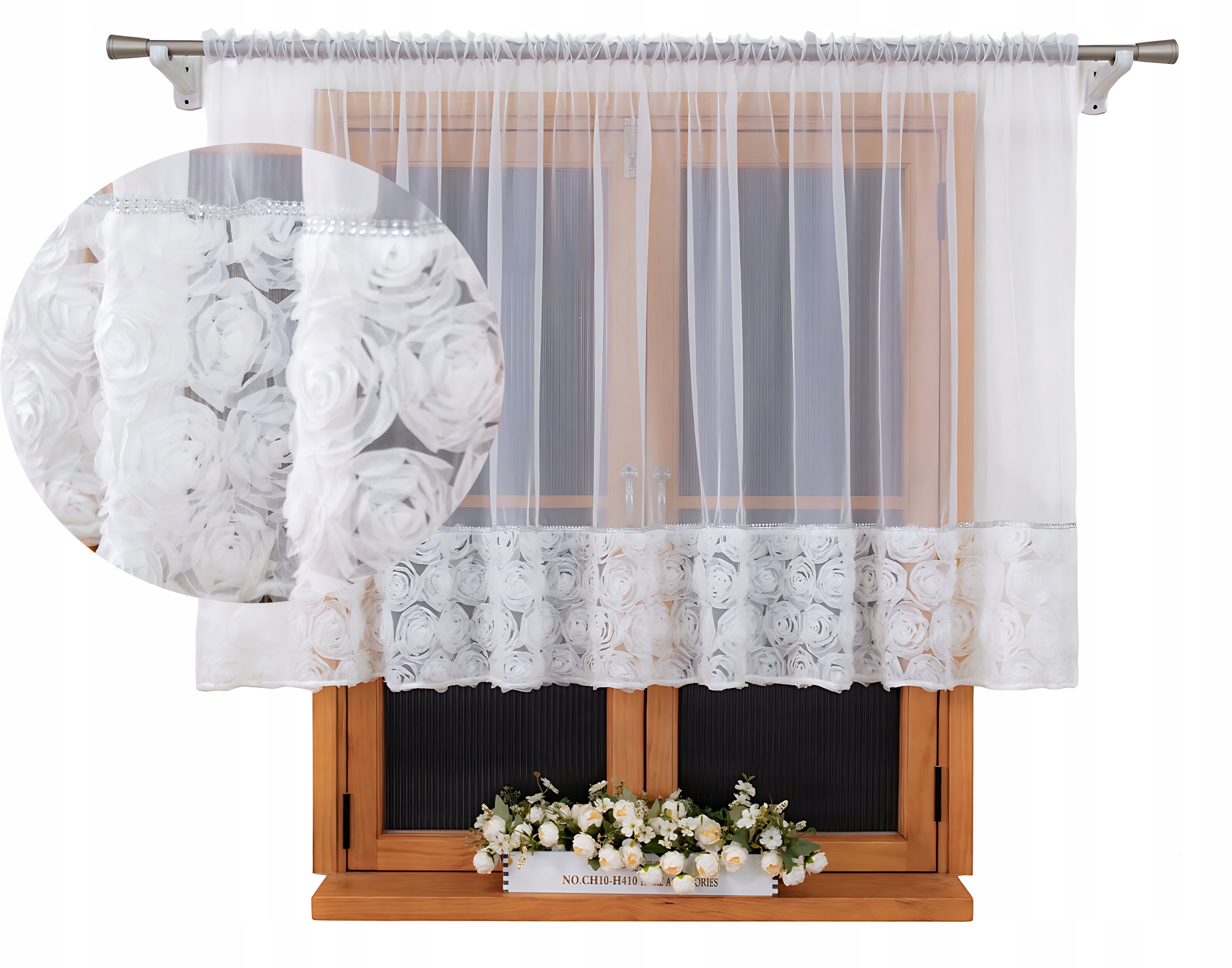 Firanka Gotowa Z Różami 3d i Cyrkoniami Firany Woal Na Taśmie 300x120 cm