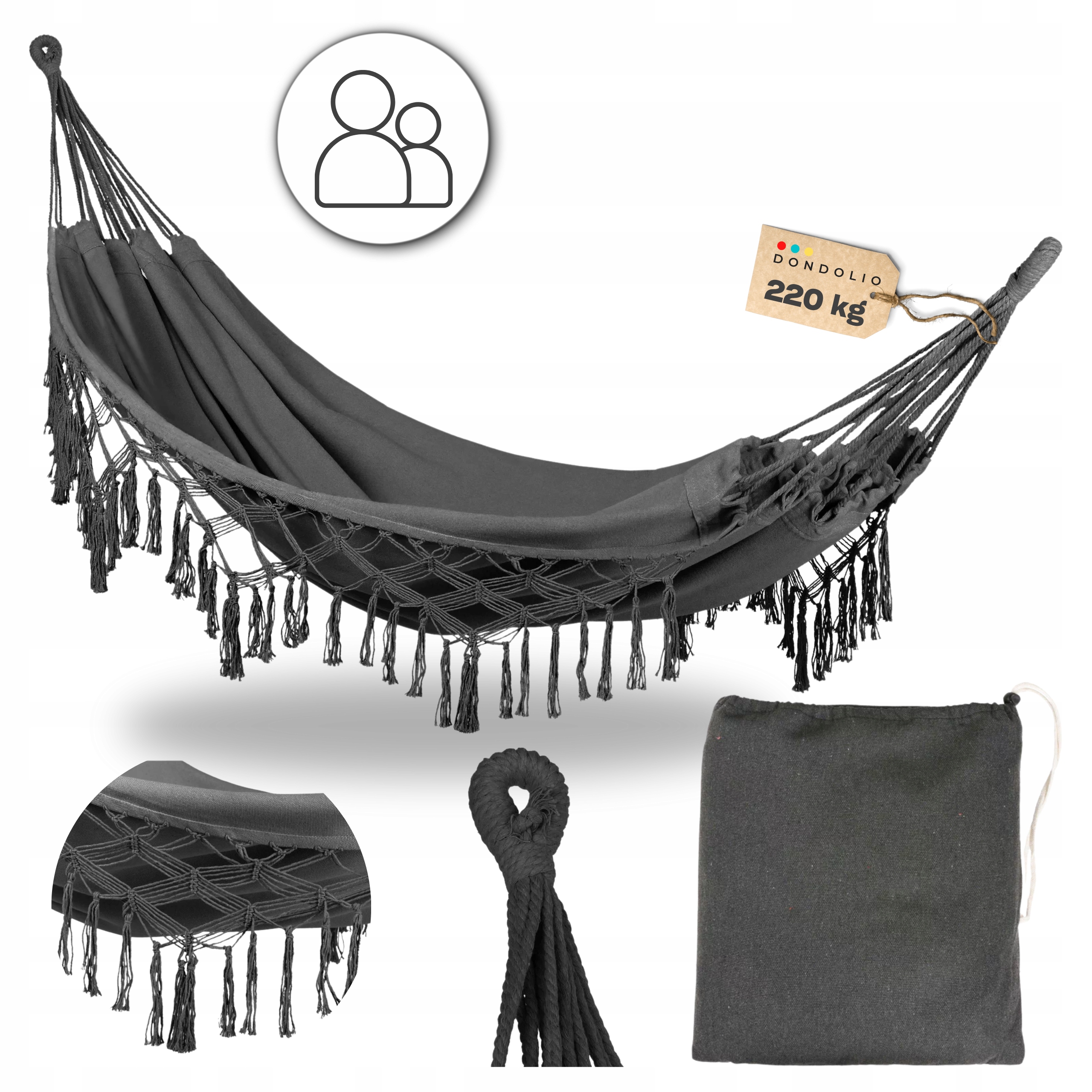 Hamak ogrodowy dwuosobowy XXL Boho brazylijski Ciemny szary Duży Pokrowiec