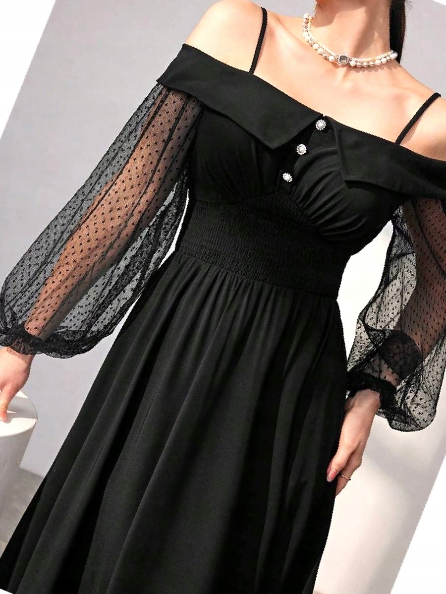 Šaty Návštěvnická s průhlednými rukávy Černá Midi S 36