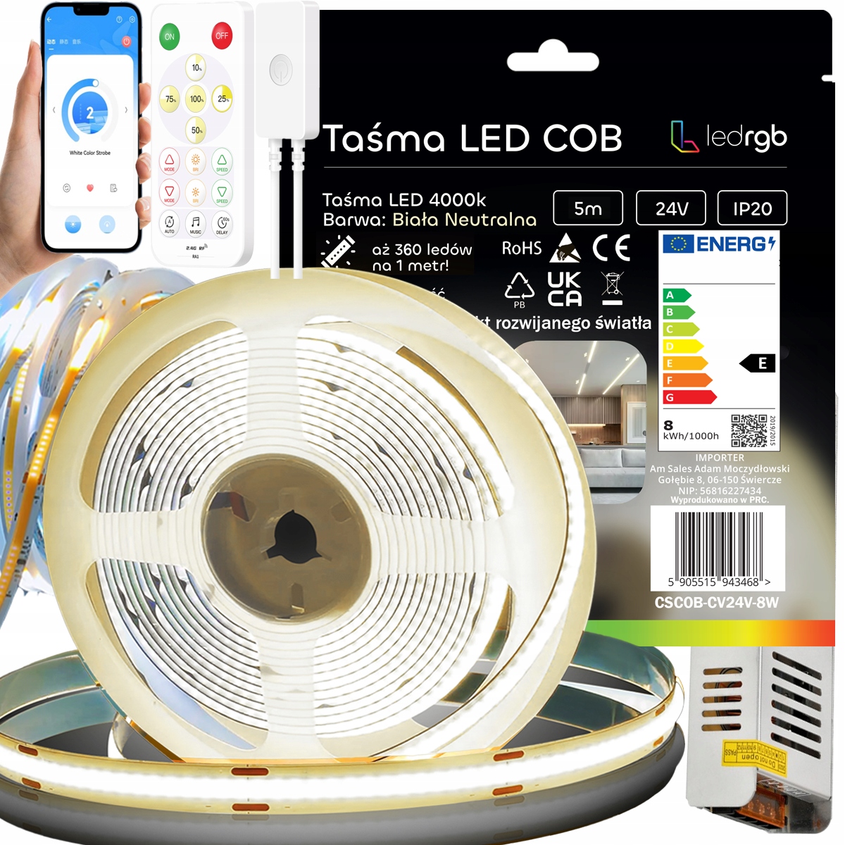 Set Led Pásek Cob 5 m 24 V Bílý Neutrální 4000 Digitální Tekoucí Dálkový Ovladač Aplikace