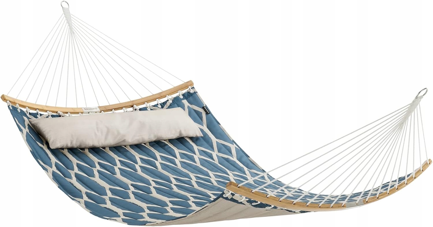 Hamak z drążkami i poduszką pikowany 225 kg niebieski beżowy 200x140