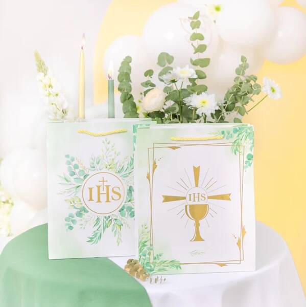 TORBA TOREBKA PREZENTOWA ZŁOTY KIELICH IHS KOMUNIA 26X32X12 CM Marka inna