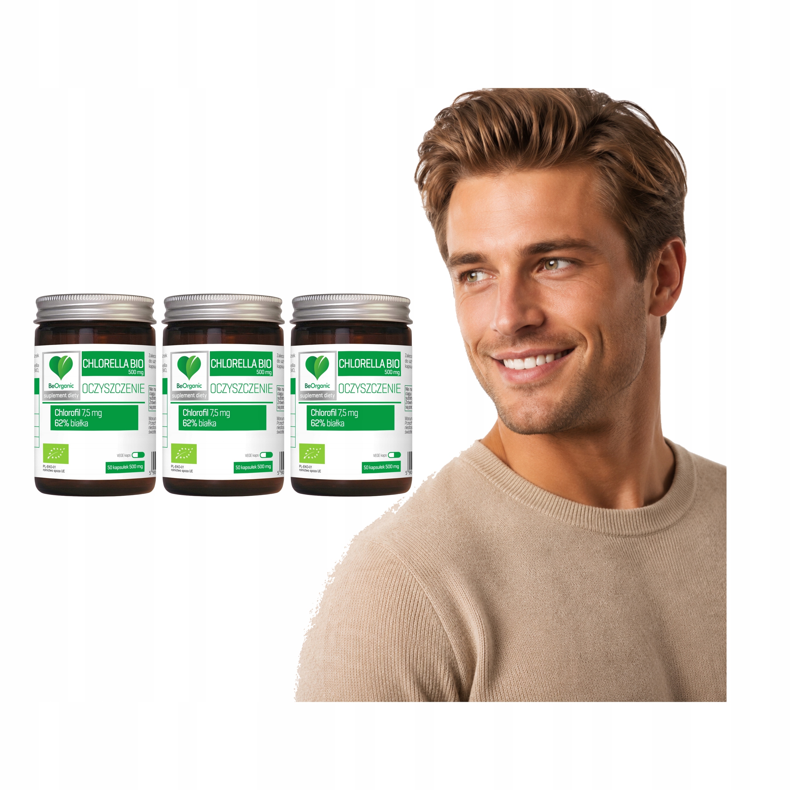 3x Chlorella Naturalna Beorganic Bio 500 mg Mikroalga 50 kaps. Chlorofil
