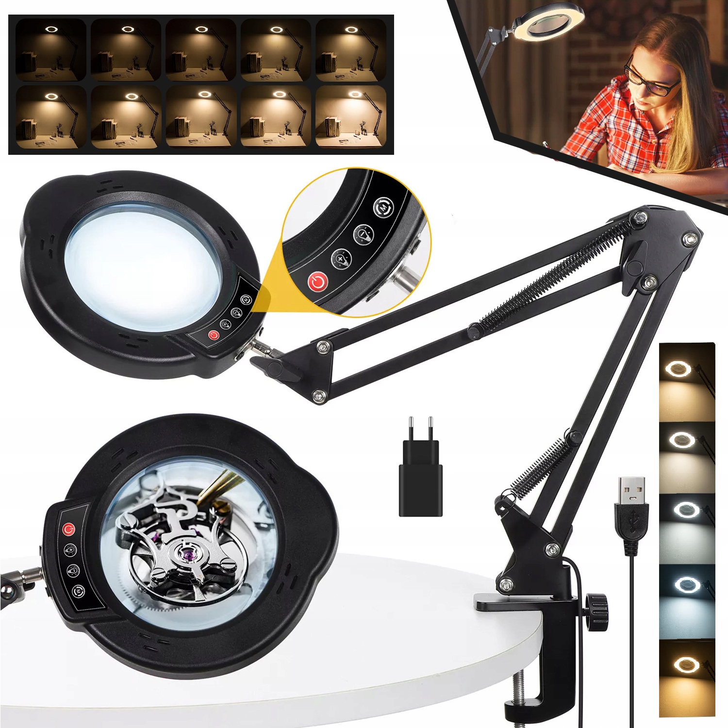 LAMPA LED LUPA Z OŚWIETLENIEM STOJAKIEM,ŚCIEMNIANIA 10X, 5 TRYBÓW KOLORÓW
