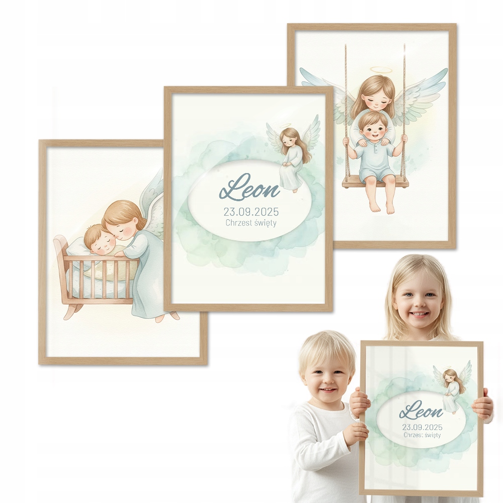 Sada 3 obrazů Anděl strážný dřevěný rámeček 30x40 personalizovaný