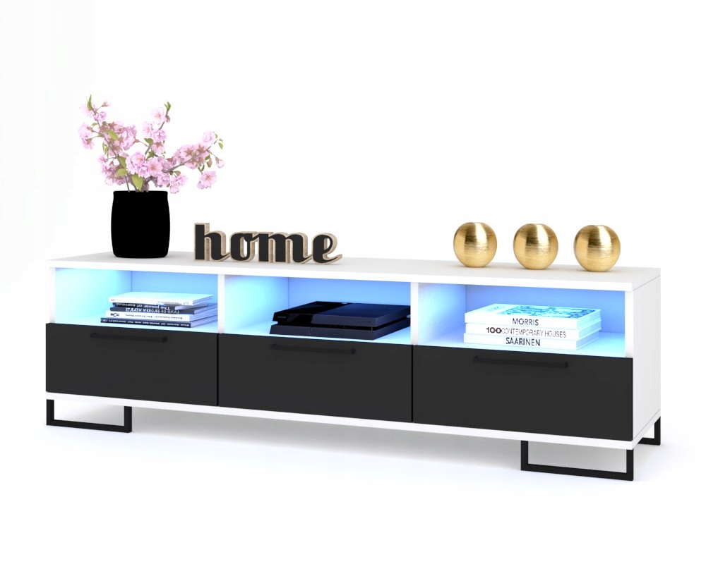 Rtv skříňka s zásuvkami Komoda Police do obývacího pokoje 150 Bílá Černá Matná Led