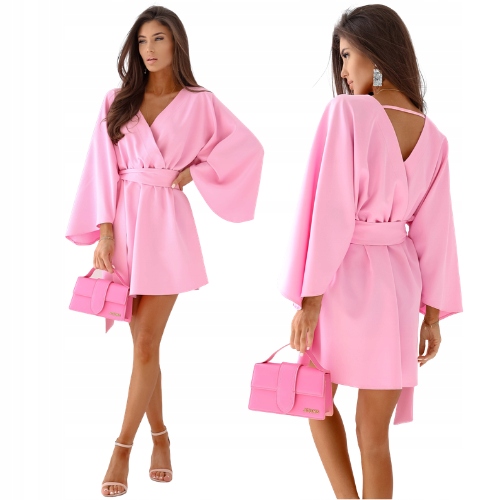 Sukienka Mini Z Przekładanym Dekoltem Pudrowy Róż