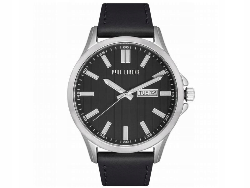 Pánské hodinky z oceli s černým multidatovým ciferníkem na koženém řemínku Paul