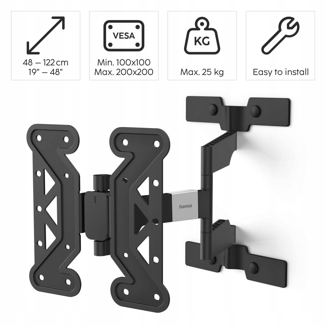 HAMA Uchwyt TV Ścienny Ruchomy 19-48 Cal VESA 100x100-200x200 25kg Czarny — miniatura 2
