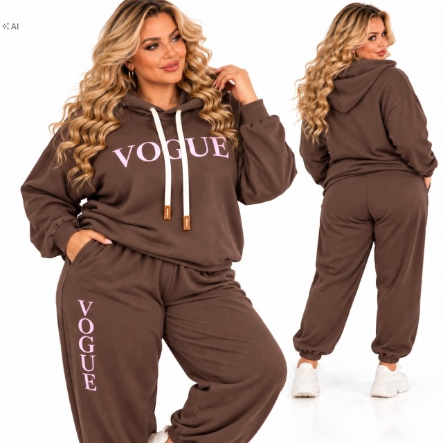 5949 Teplákovka Dámské čokoládové máslo Komplet Kapuce Jogger Vogue 50 52 5xl 6xl