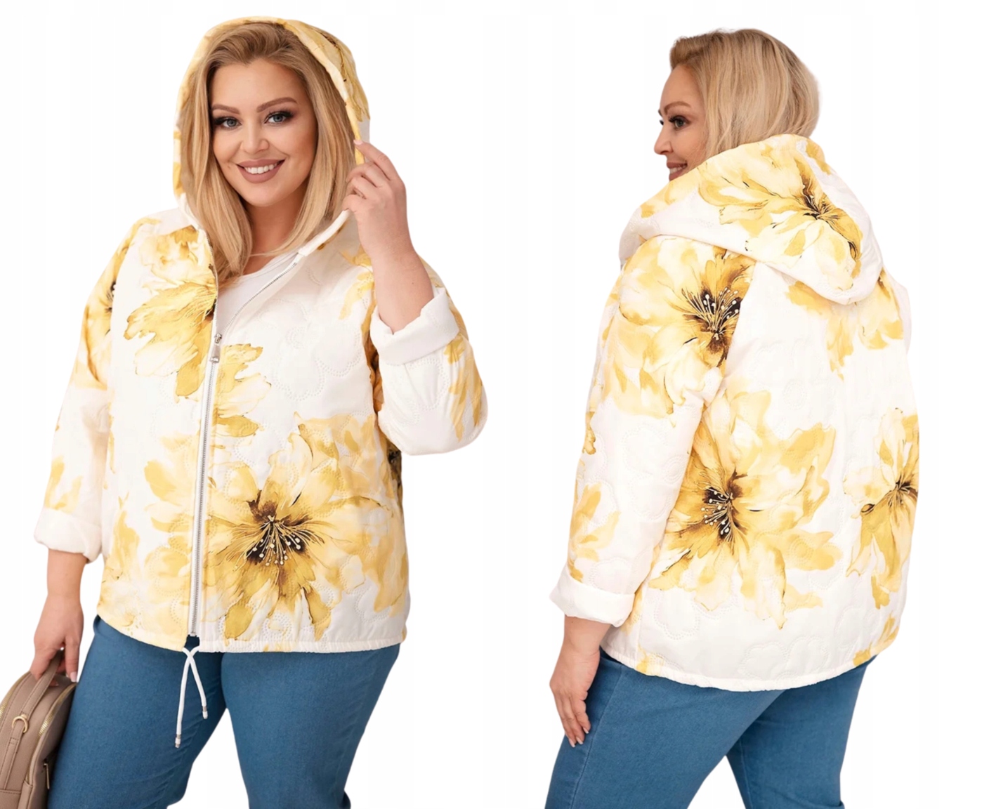 Žlutá dámská prošívaná jarní bunda Plus Size s květinovým vzorem s kapucí