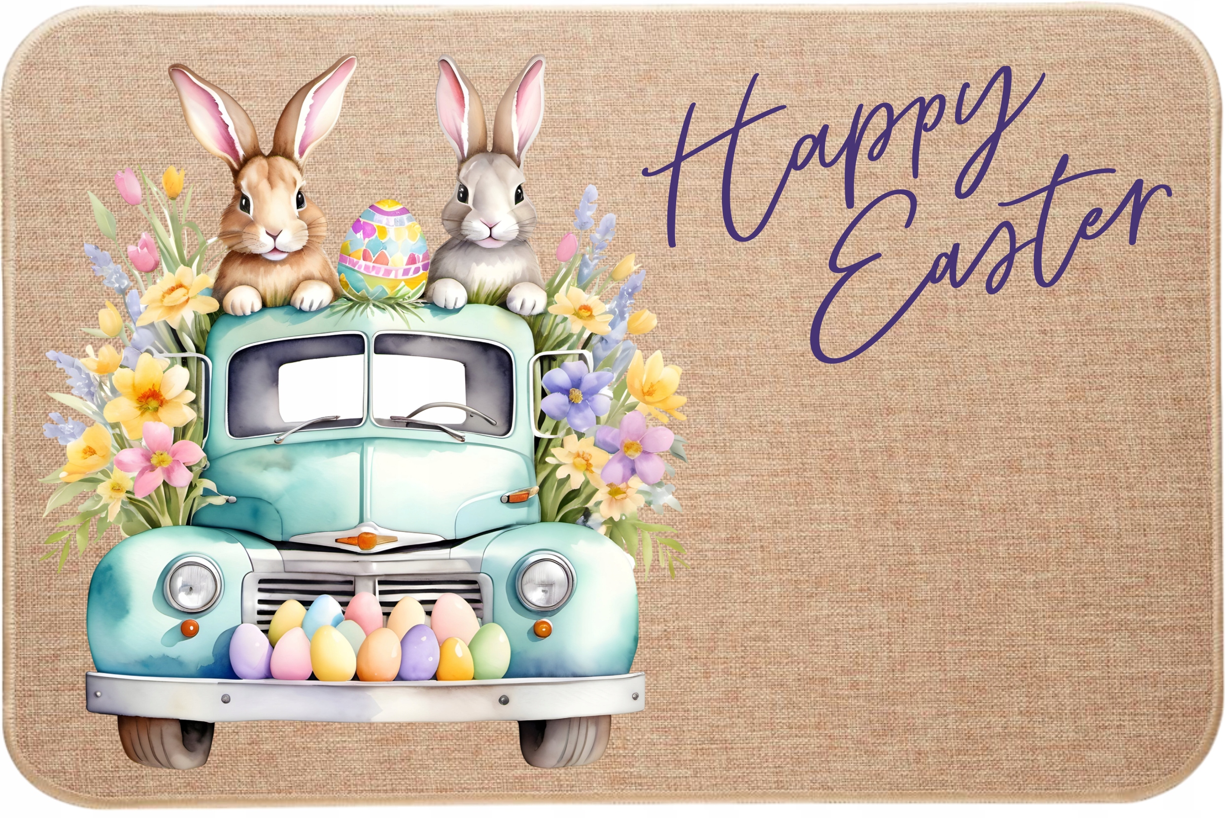 Lněná rohožka s potiskem Velikonoční zajíčci Happy Easter