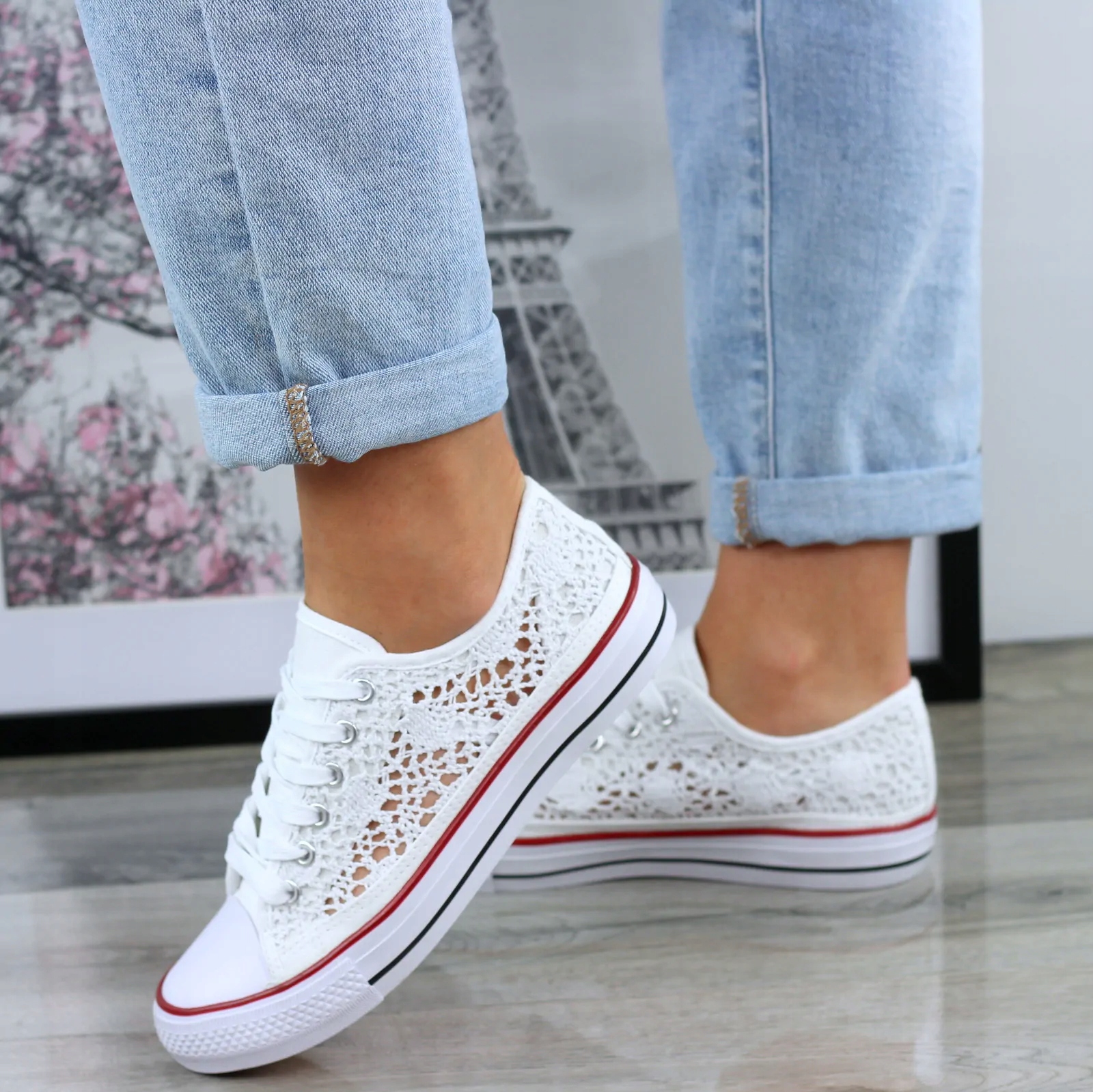 Białe Materiałowe Tenisówki Trampki Damskie z Koronki Kanwia 39 Kolor biały