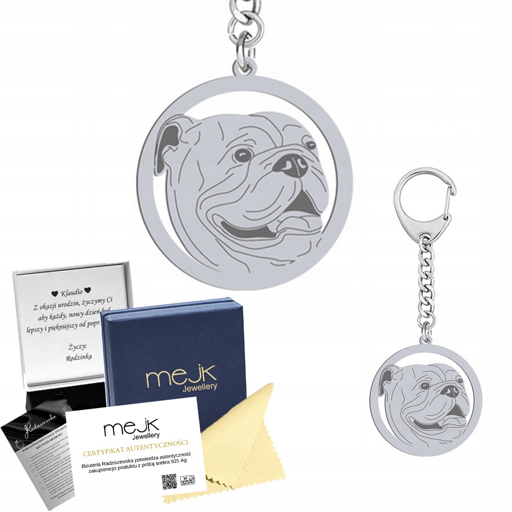 Přívěsek Na Klíče na klíče Anglický buldoček Pes Stříbro925 Dárek Gravírování Bonus