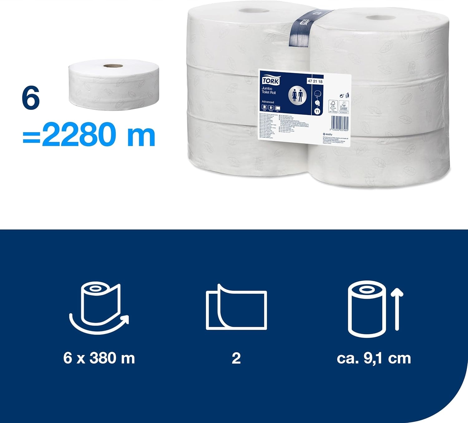 Tork Jumbo T1 toaletný papier biely 2-vrstvový, 6×380 m 472118