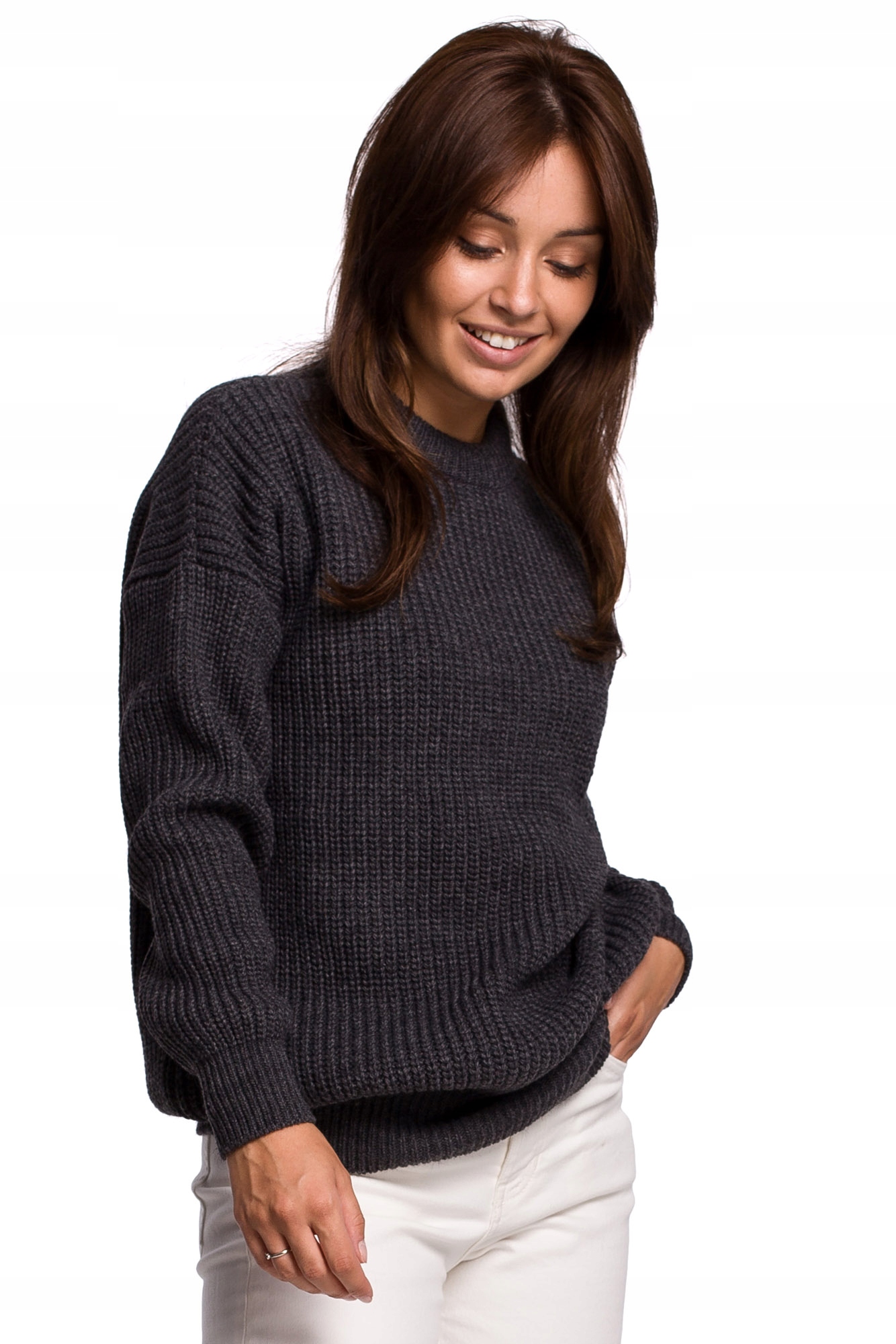 

Be Knit BK052 Długi Sweter W Prążek *s/m* Grafit