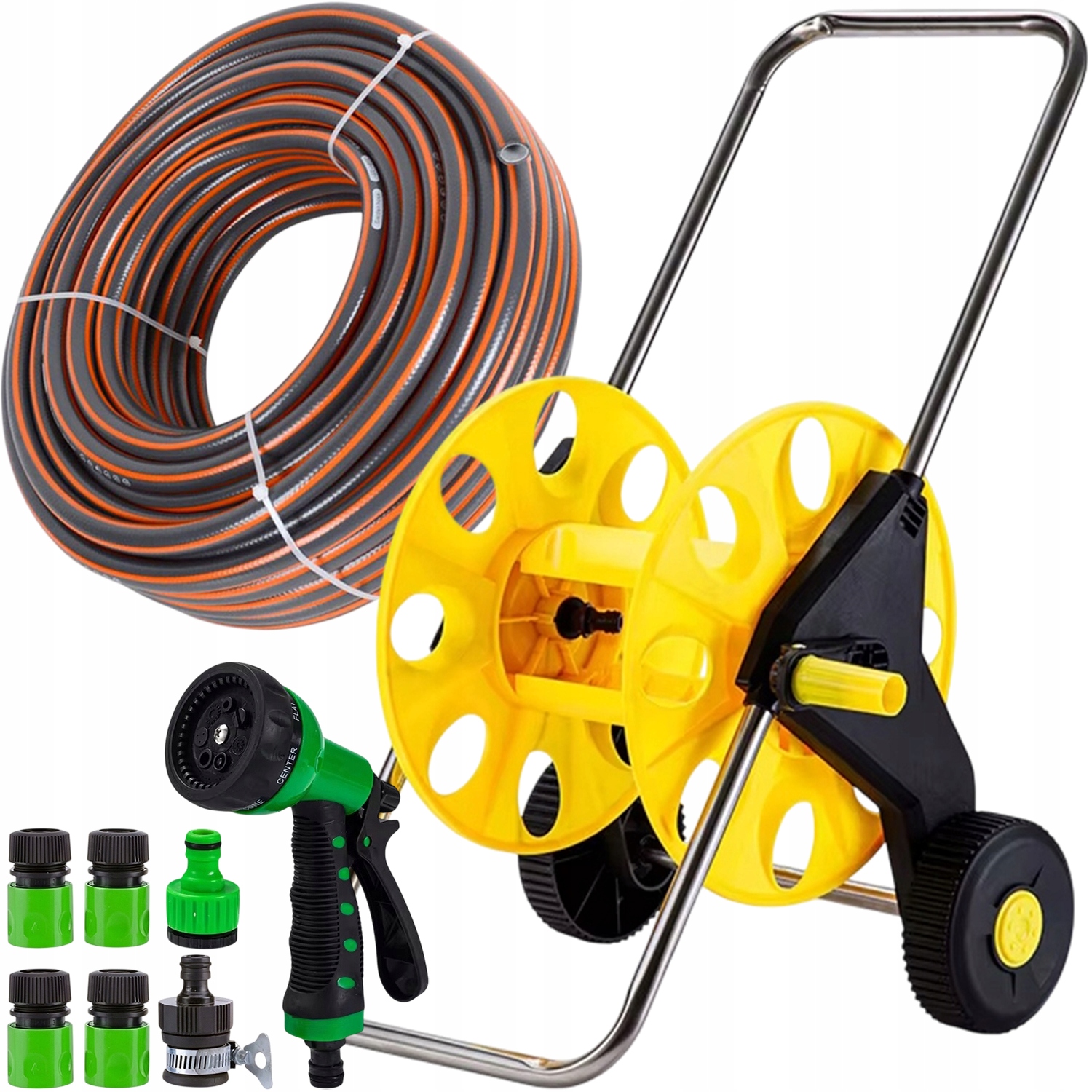 Zahradní Set Vozík Na Hadice 30 M 1/2 Pistole Zavlažovač Spojky Pvc Mobilní