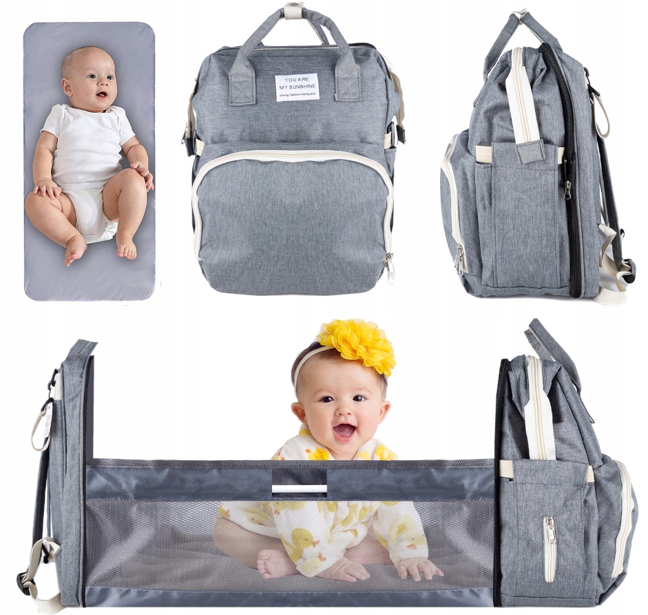 PLECAK dla MAMY TORBA DO WÓZKA ORGANIZER PRZEWIJAK ŁÓŻECZKO TURYSTYCZNE 5W1 Kolor szary