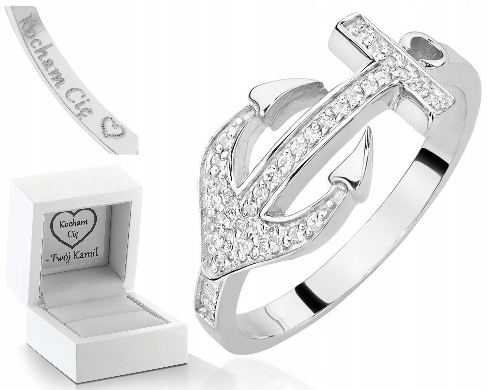 Bílé Zlato Prstýnek Kotva Briliantová Gravírování Pro Ženu