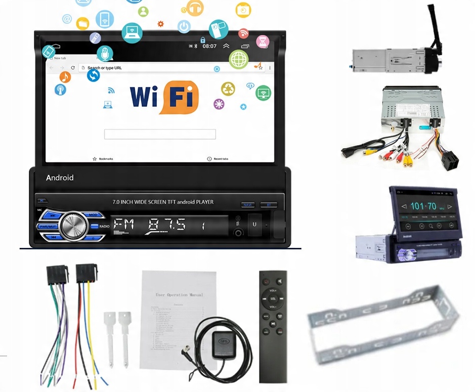 

Radio Samochodowe 1DIN Wysuwany,7"GPS,WiFi,Android