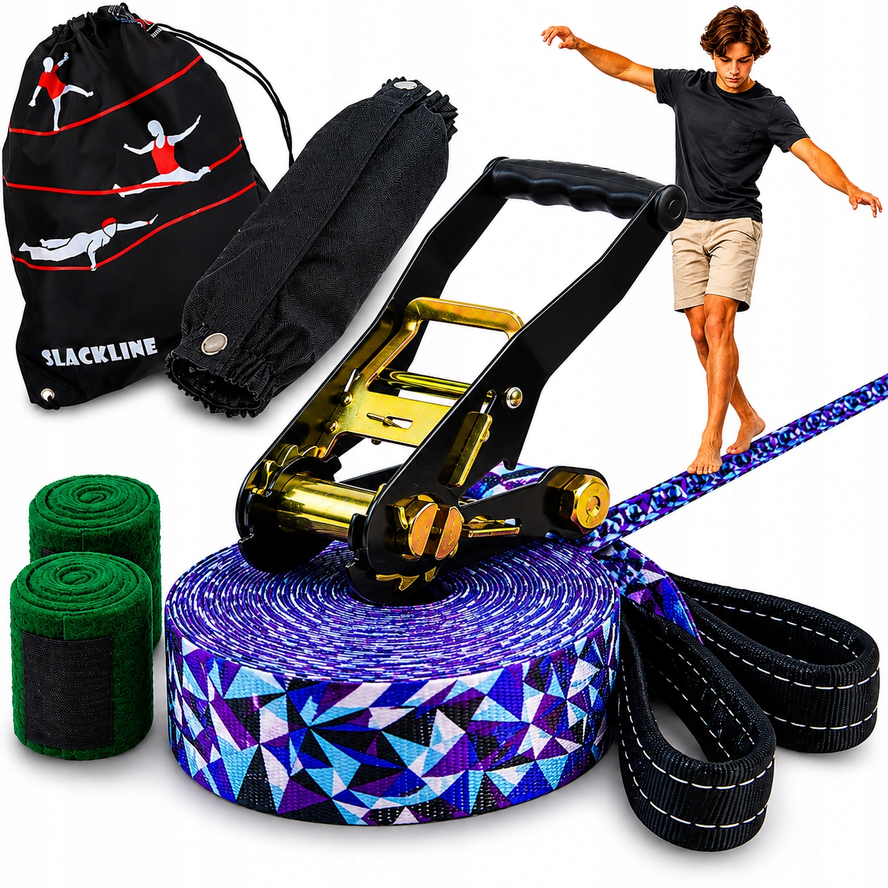 Slackline Sada Ninja překážkových drah pro děti, lano, páska na vyvážení 15 m