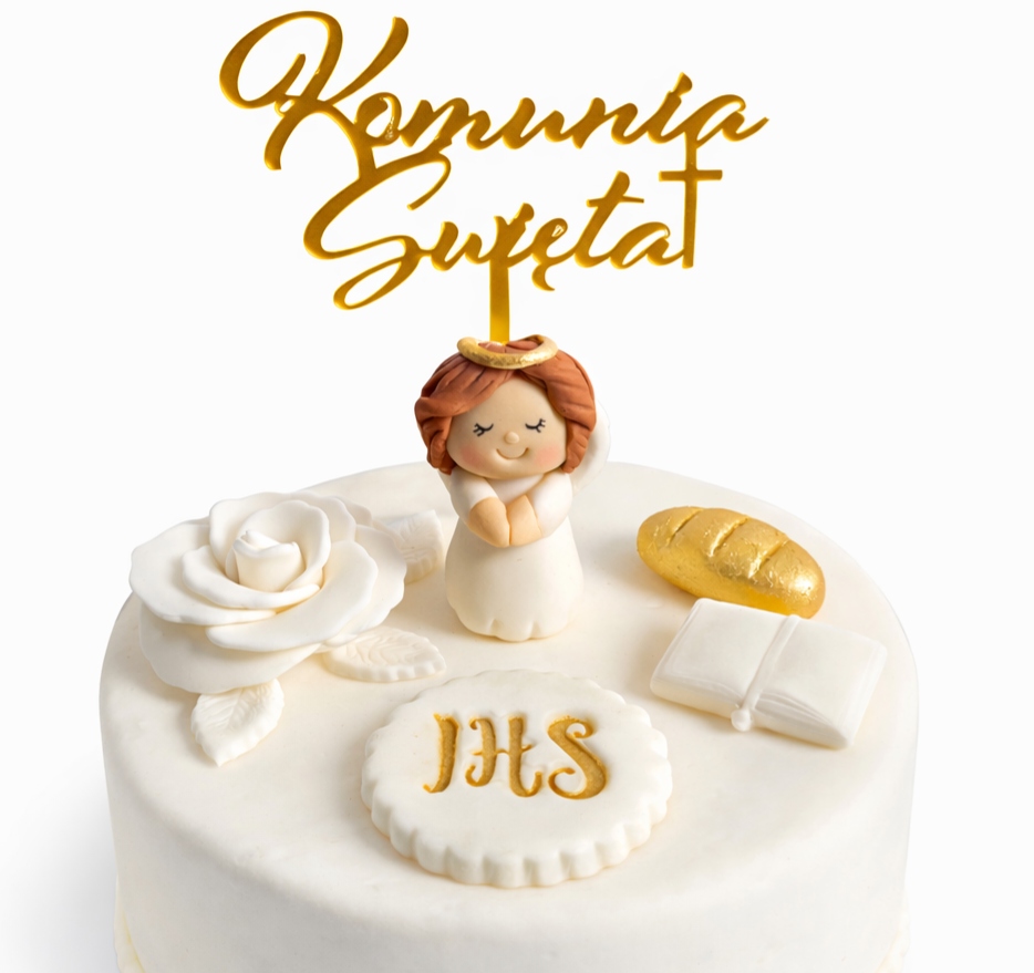 Zestaw komunijny na tort figurka cukrowa aniołek topper dekoracje komunia