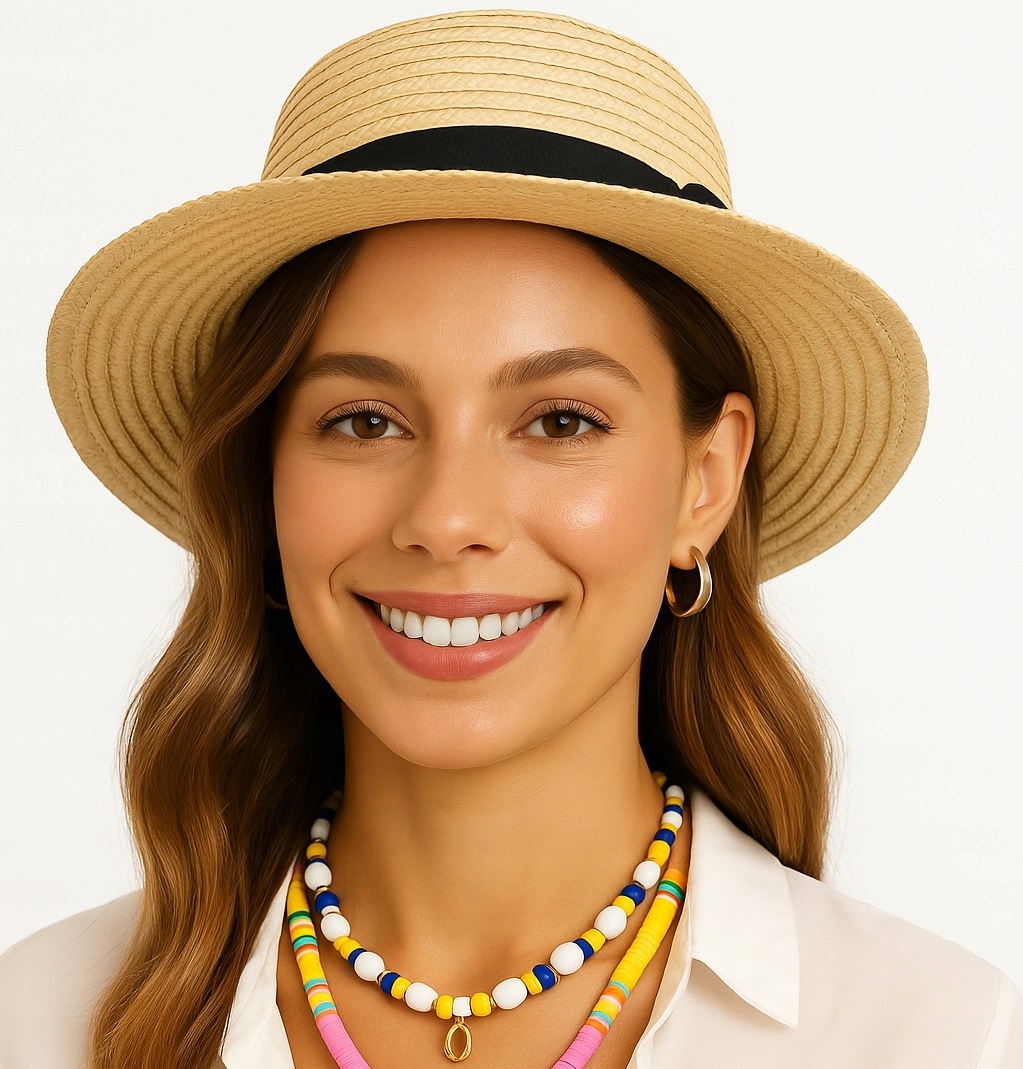 Kapelusz damski panama słomkowy plażowy ozdobna kokarda pleciony wakacyjny-Zdjęcie-0