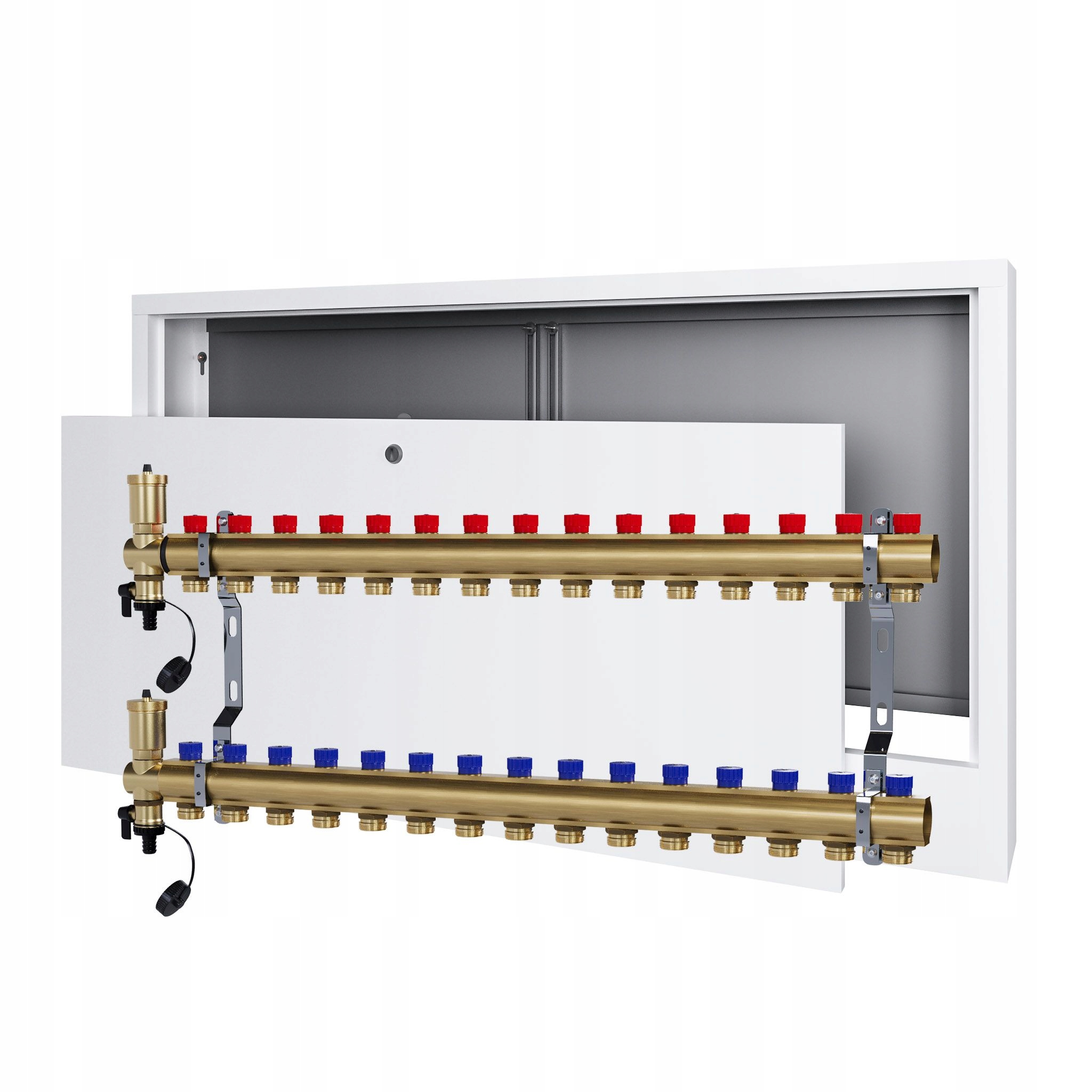 Manuální rozdělovač 15 okruhů pro radiátorové vytápění nástěnná skříňka