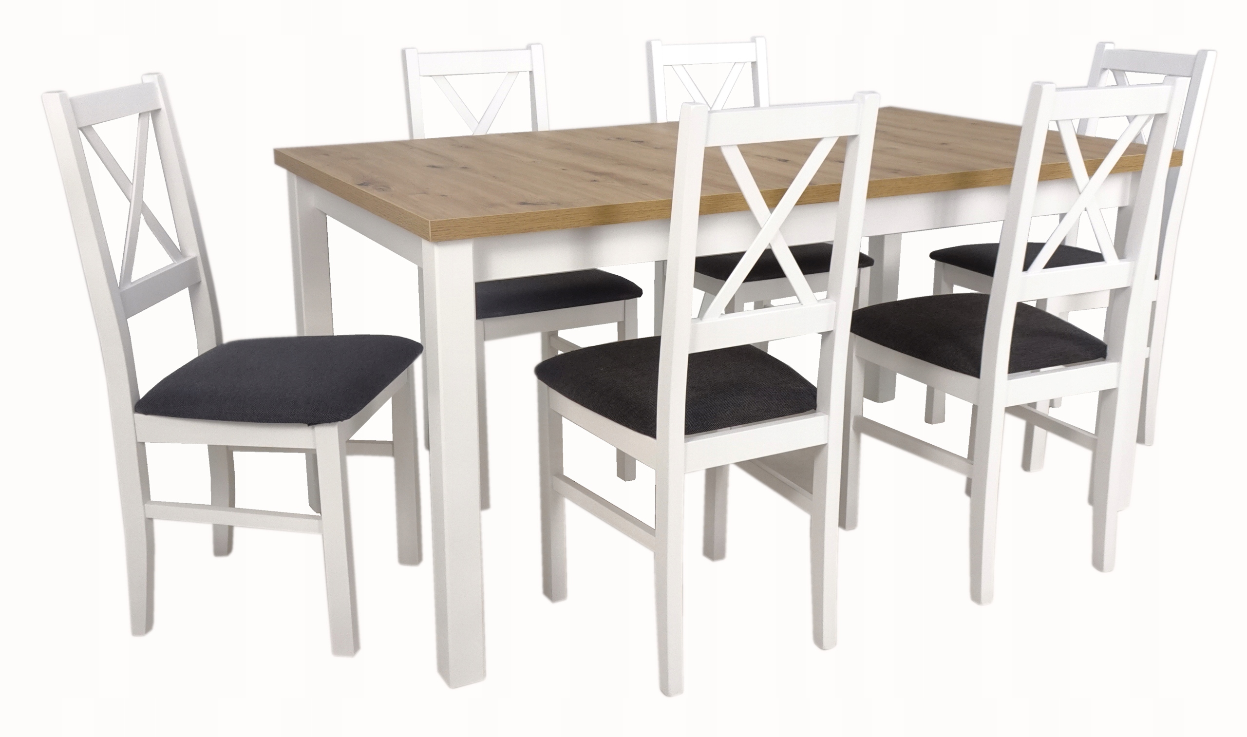 6 krzeseł krzyżak BIAŁE z poduszką + stół kuchenny DĄB styl BOHO rozkładany